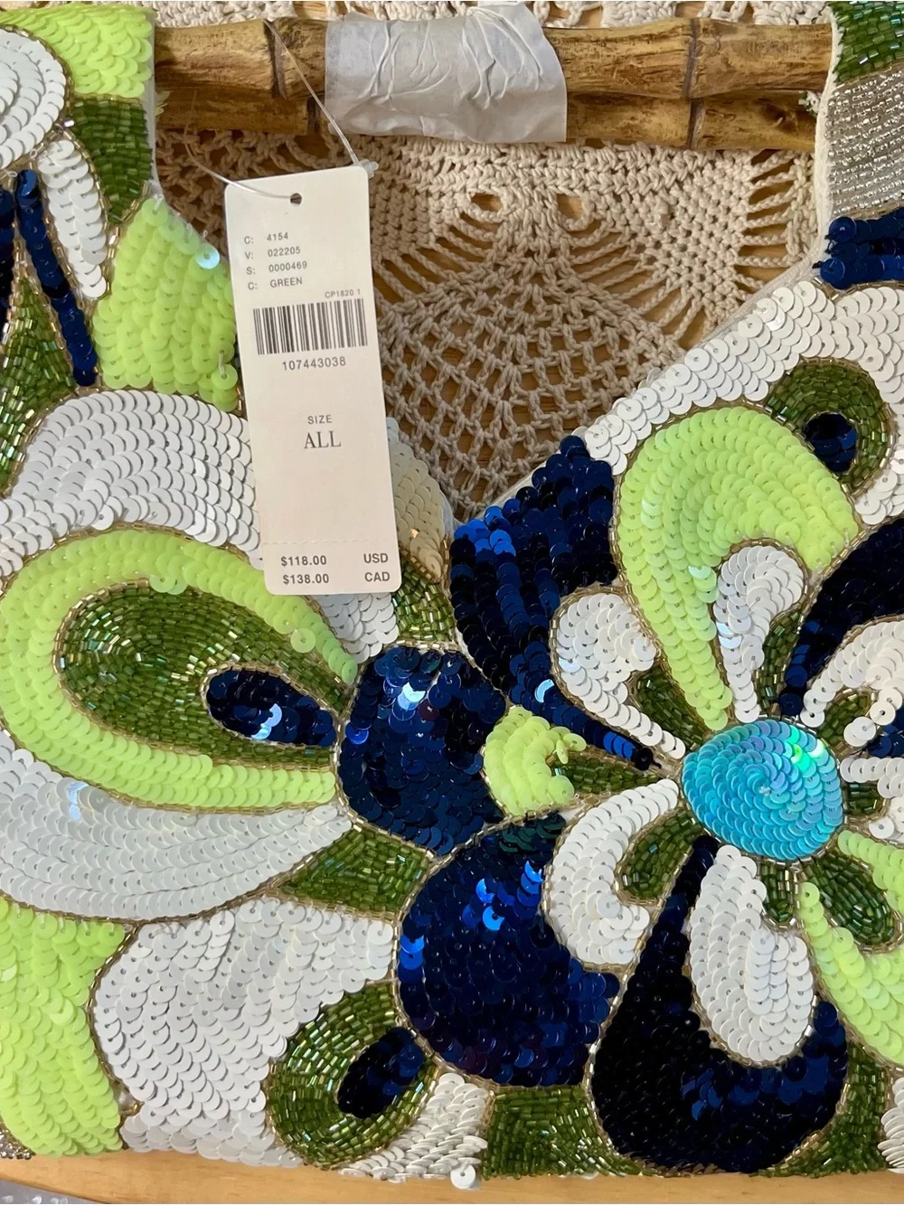 Anthropologie Sequin Floral Bamboo Handbag